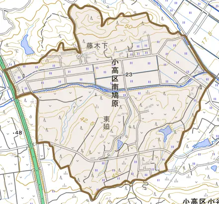 小高区南鳩原とその周辺の地図。町の範囲を重ねている