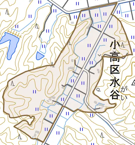 小高区水谷とその周辺の地図。町の範囲を重ねている