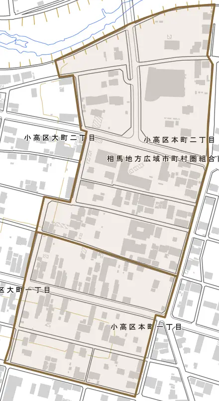 小高区本町とその周辺の地図。町の範囲を重ねている