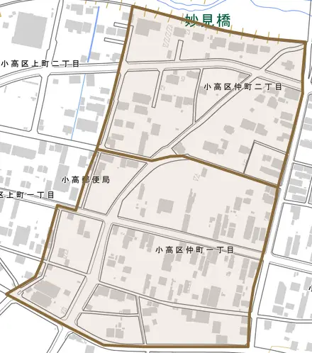 小高区仲町とその周辺の地図。町の範囲を重ねている