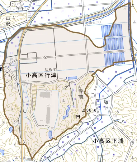 小高区行津とその周辺の地図。町の範囲を重ねている