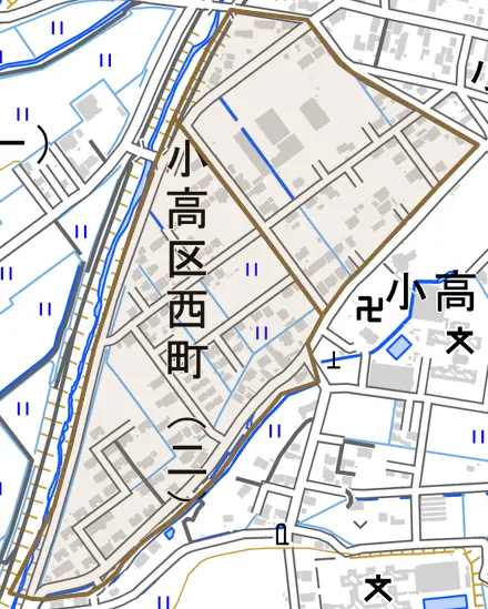 小高区西町とその周辺の地図。町の範囲を重ねている