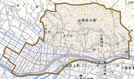 小高区小高とその周辺の地図。町の範囲を重ねている