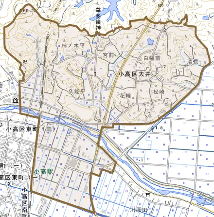 小高区大井とその周辺の地図。町の範囲を重ねている