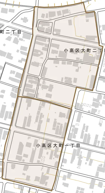 小高区大町とその周辺の地図。町の範囲を重ねている