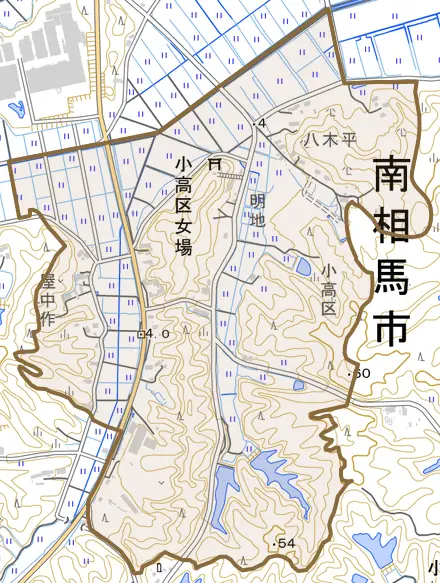 小高区女場とその周辺の地図。町の範囲を重ねている