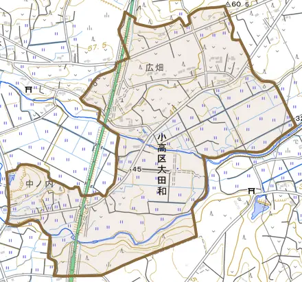 小高区大田和とその周辺の地図。町の範囲を重ねている