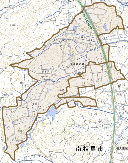 小高区大富とその周辺の地図。町の範囲を重ねている