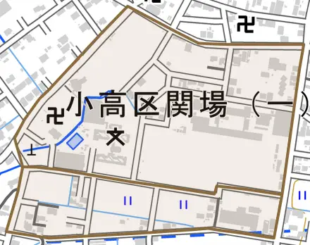小高区関場とその周辺の地図。町の範囲を重ねている
