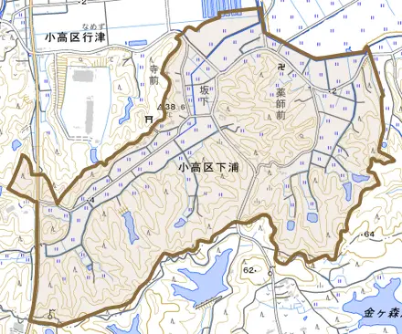 小高区下浦とその周辺の地図。町の範囲を重ねている
