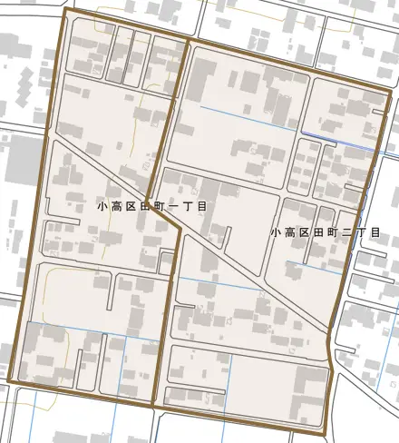 小高区田町とその周辺の地図。町の範囲を重ねている