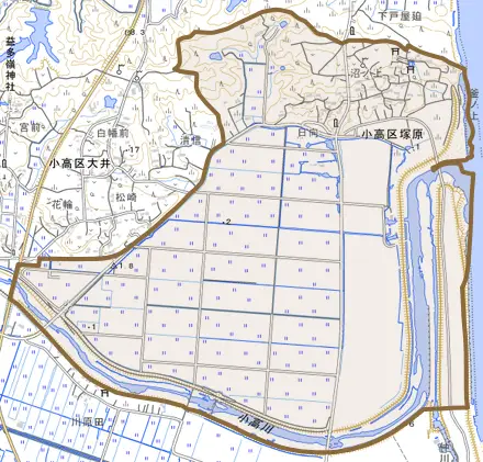 小高区塚原とその周辺の地図。町の範囲を重ねている