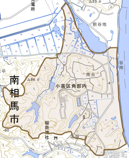 小高区角部内とその周辺の地図。町の範囲を重ねている