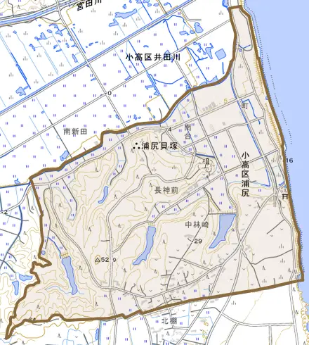 小高区浦尻とその周辺の地図。町の範囲を重ねている