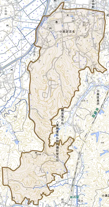 小高区吉名とその周辺の地図。町の範囲を重ねている