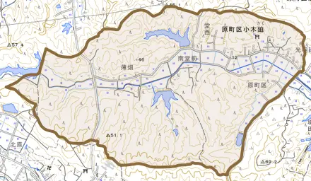 原町区小木迫とその周辺の地図。町の範囲を重ねている