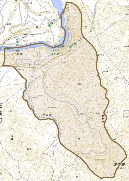 大字川井とその周辺の地図。町の範囲を重ねている