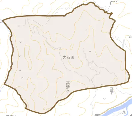 大字大石田とその周辺の地図。町の範囲を重ねている