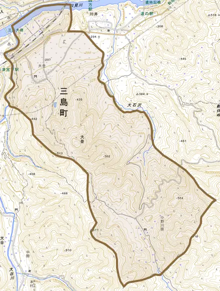 大字大登とその周辺の地図。町の範囲を重ねている