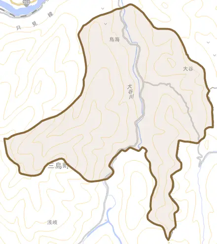 大字大谷とその周辺の地図。町の範囲を重ねている