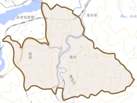 大字滝谷とその周辺の地図。町の範囲を重ねている