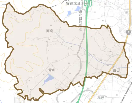 青田とその周辺の地図。町の範囲を重ねている