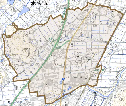 荒井とその周辺の地図。町の範囲を重ねている