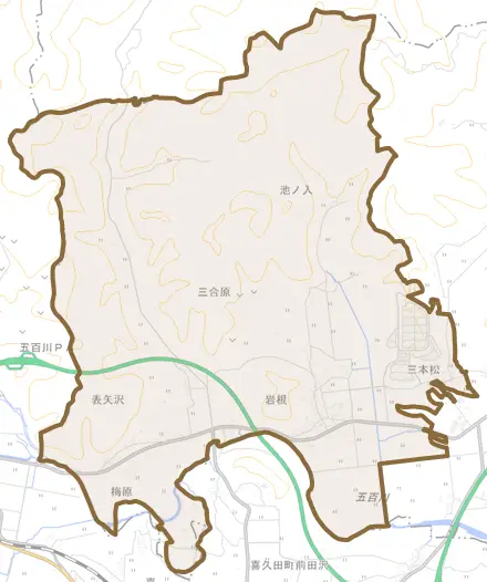 岩根とその周辺の地図。町の範囲を重ねている