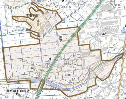 関下とその周辺の地図。町の範囲を重ねている