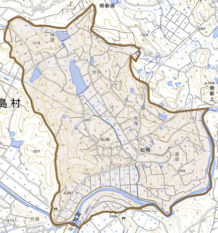大字松崎とその周辺の地図。町の範囲を重ねている