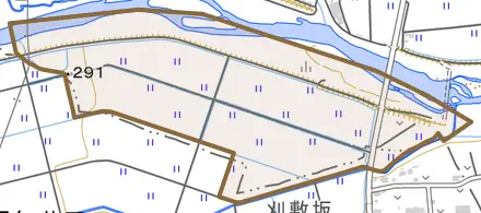 大字中島とその周辺の地図。町の範囲を重ねている