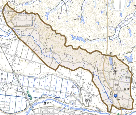 大字藤橋とその周辺の地図。町の範囲を重ねている