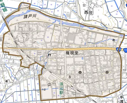 大字権現堂とその周辺の地図。町の範囲を重ねている