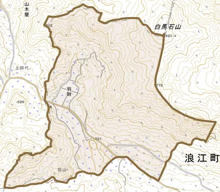 大字羽附とその周辺の地図。町の範囲を重ねている