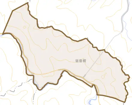 大字昼曽根とその周辺の地図。町の範囲を重ねている