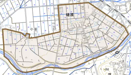 大字樋渡とその周辺の地図。町の範囲を重ねている