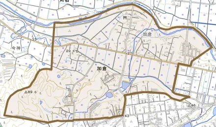 大字加倉とその周辺の地図。町の範囲を重ねている