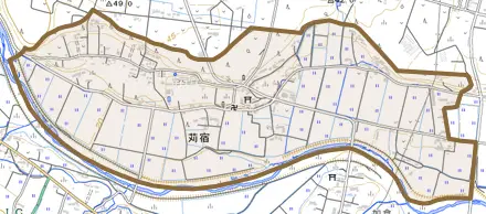 大字苅宿とその周辺の地図。町の範囲を重ねている