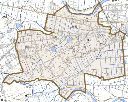 大字川添とその周辺の地図。町の範囲を重ねている
