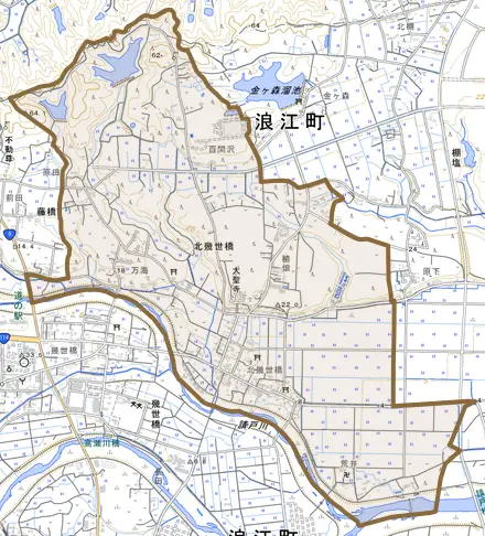 大字北幾世橋とその周辺の地図。町の範囲を重ねている