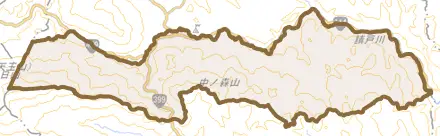 大字南津島とその周辺の地図。町の範囲を重ねている