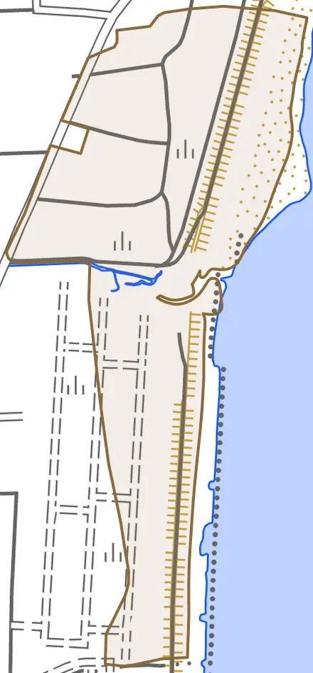 大字中浜とその周辺の地図。町の範囲を重ねている