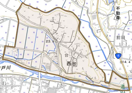 大字西台とその周辺の地図。町の範囲を重ねている