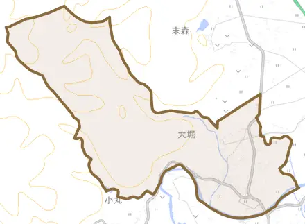 大字大堀とその周辺の地図。町の範囲を重ねている
