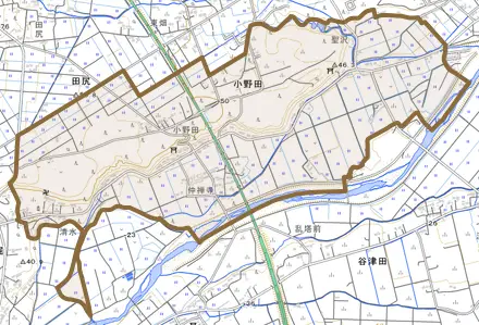 大字小野田とその周辺の地図。町の範囲を重ねている