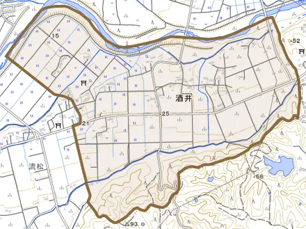 大字酒井とその周辺の地図。町の範囲を重ねている