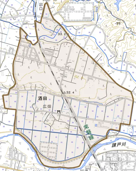 大字酒田とその周辺の地図。町の範囲を重ねている