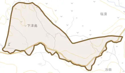大字下津島とその周辺の地図。町の範囲を重ねている