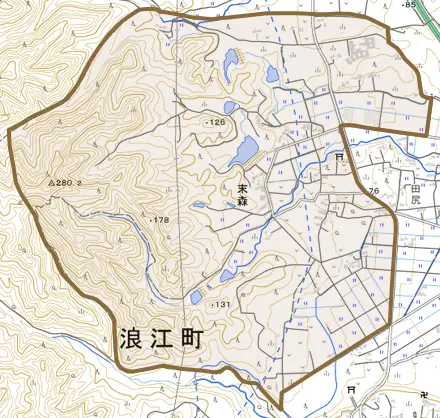 大字末森とその周辺の地図。町の範囲を重ねている