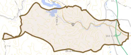 大字室原とその周辺の地図。町の範囲を重ねている